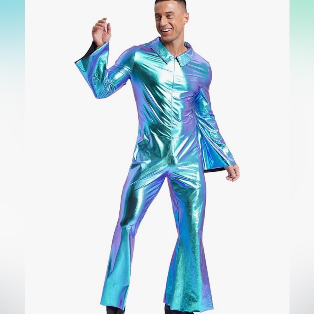 Mens Shiny Metallic Disco Party Jumpsuit Full Body Bodysuit